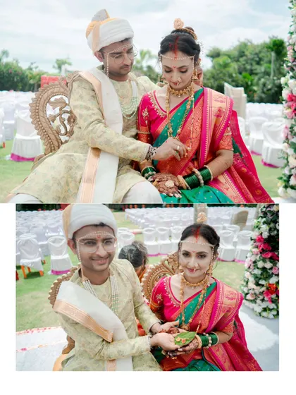 A collage of moments from a Maharashtrian wedding ceremony, showing the couple participating in the rituals together.