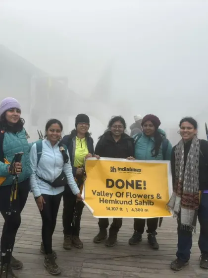 We did it! Holding the banner at 14,107 ft after completing the Valley of Flowers and Hemkund Sahib trek. A huge achievement and an unforgettable birthday gift to myself.