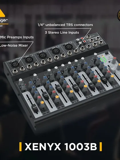 The Behringer Xenyx 1003B, an ultra-low noise analog mixer. This graphic details its 2 Xenyx mic preamps and multiple stereo line inputs, ideal for streaming, podcasting, and recording.