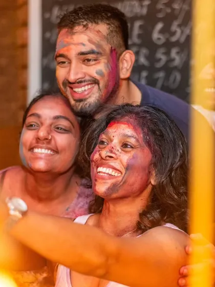 A happy selfie from our Holi party. It was a night of vibrant colors, music, and unforgettable memories.