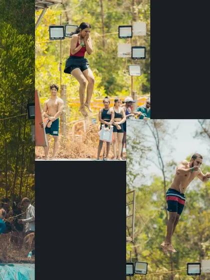 More action from the dive clinic, showing the different ways climbers learn to control their bodies as they enter the water from a height.