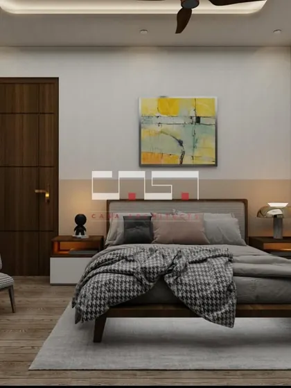 A 3D render of a bedroom from the Shivgyan Vivanta project, featuring a simple, modern design with a two-tone wall and abstract art.