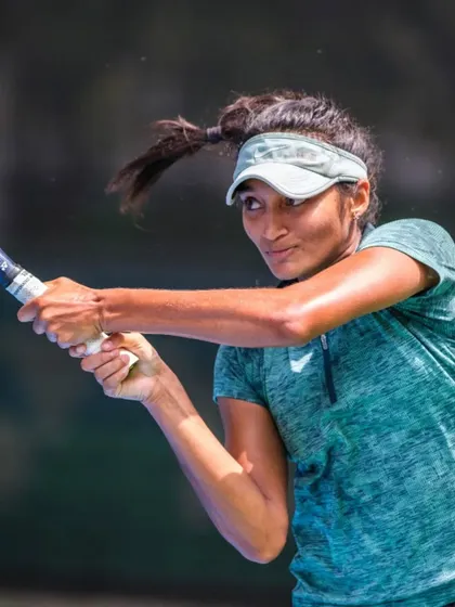 An action shot of Sahaja, whose performance in an ITF 40K event in Georgia was supported by the entire team back home.