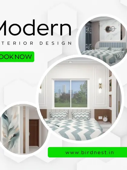 This promotional graphic showcases snippets of a modern bedroom we designed, featuring clean lines and a calm color palette. It’s an invitation to book a consultation for your own stylish interior makeover.