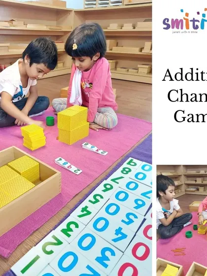 Children work together on the Change Game, using the golden bead material to understand the concept of addition with carrying over. This collaborative game makes learning math social and fun.