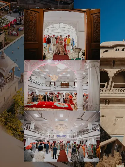 A collage showing the grandeur of a wedding at a Jaipur Gurudwara. The architecture and the scale of the gathering are beautifully captured.