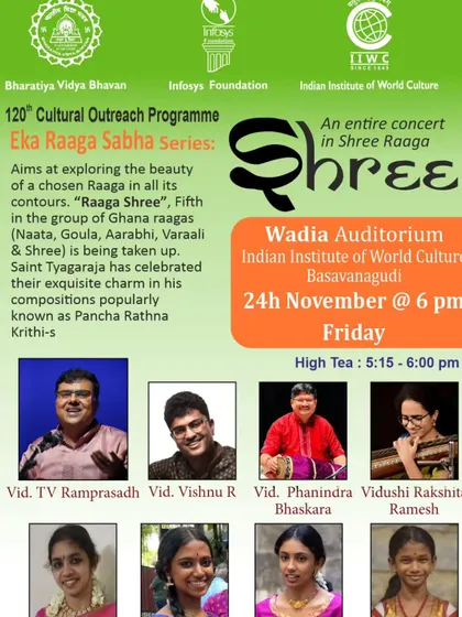 An announcement for an "Eka Raga Sabha" concert on Shree Raga by Vidwan T.V. Ramprasadh. Deep diving into a single raga is a profound musical experience.