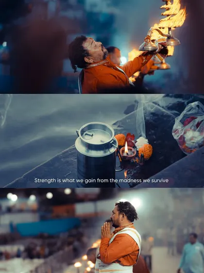 A collage capturing the madness and strength found in the Ganga Aarti. These images focus on the intense expressions of the priests and the powerful rituals.