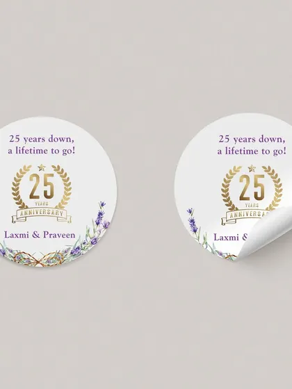 A pair of the 25th anniversary stickers, showing the beautiful design with the celebratory phrase "25 years down, a lifetime to go!". These small details help carry the event's theme through every element.