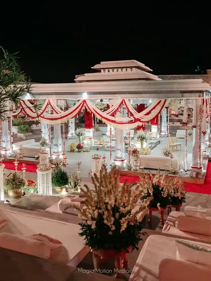 A view from the amphitheater seating, looking towards the grand wedding mandap.