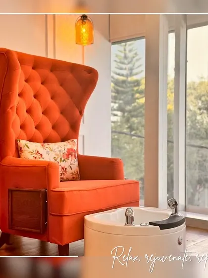 The pedicure oasis is designed for ultimate relaxation. The plush, tufted high-back chairs offer a sense of privacy and luxury. Every detail, from the warm pendant lighting to the view outside, is chosen to help clients relax, rejuvenate, and repeat.