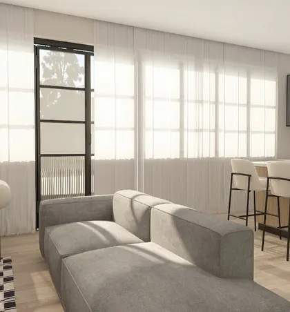 The large windows and sheer curtains in this design maximize natural light, a key feature of Scandinavian interiors. The layout is open, airy, and connected.