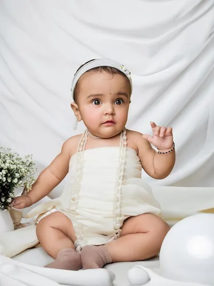 A duplicate of image 52, a serene portrait of a baby girl in an all-white setting, looking directly at the camera with curiosity.