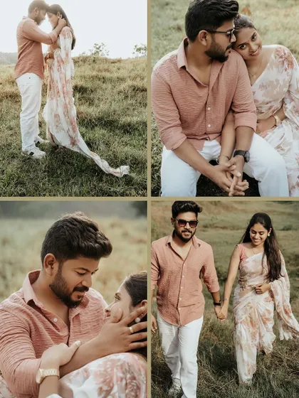 A collage of romantic moments from a pre-wedding shoot in a field.