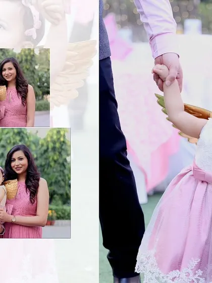 A collage from a first birthday event, showing the birthday girl in her angel costume and a lovely family portrait. We provide a variety of shots to tell the whole story.