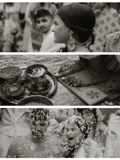 The story of a Haldi is in the details. This collage captures it all in timeless black and white, from the bride's serene expression and the ritualistic elements to the final, joyful mess.