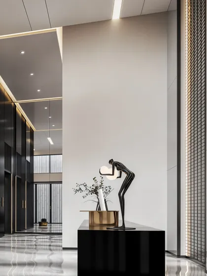 A minimalist hotel lobby featuring a sculptural console table and a striking art piece. The render focuses on clean lines and high-contrast materials.