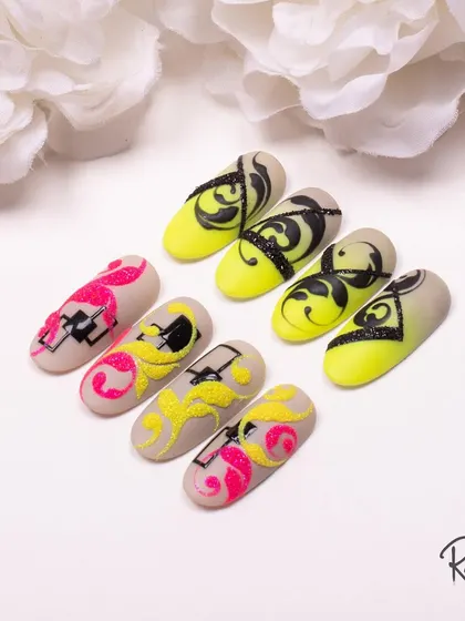 Neon and neutral colors come together in this set of modern swirl designs with a textured finish.