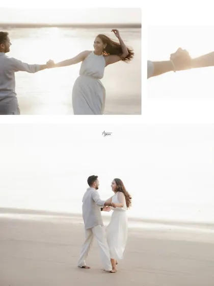 A collection of artistic shots from Kunal and Darshita's beach pre-wedding shoot. The focus on holding hands and dancing against the bright, hazy sun creates a dreamy and ethereal mood.