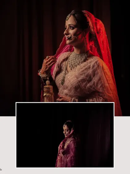 A collage of a bride in a pink lehenga, using dramatic, low-key lighting to create artistic and moody portraits.