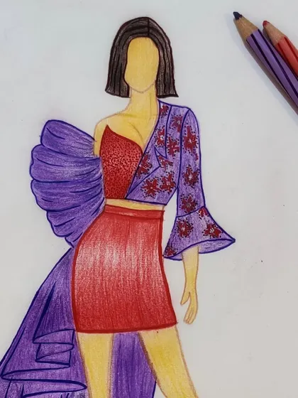 A colorful illustration of a two-piece outfit with a dramatic purple sleeve and train.