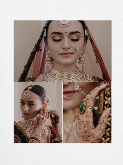 A collection of detail shots: the bride's serene expression, the placement of an earring, and a close-up of her mehndi and ring. These details complete the bridal story.