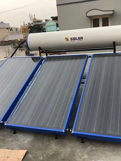 The finished 300L FPC system, ready to provide eco-friendly hot water. The sturdy frame and adjustable legs ensure a stable and secure fit on any flat rooftop.