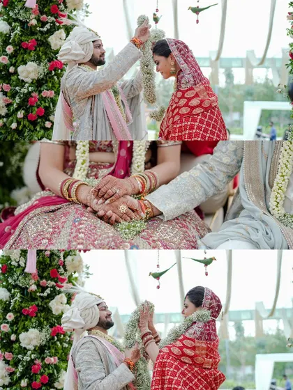 A collage showcasing the key moments of the wedding ceremony, from exchanging garlands to holding hands. Each frame is a testament to the couple's journey.