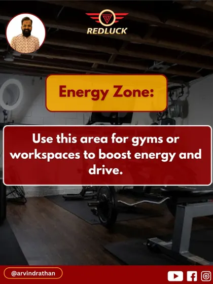 The South-East is an energy zone. I recommend using this area for gyms or workspaces to boost energy and drive.