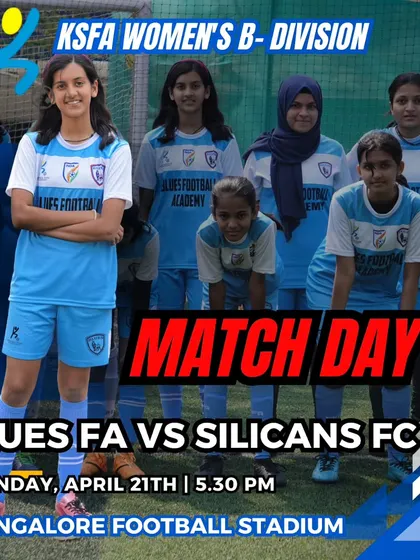 Match day is here. A poster for the Blues FA vs Silicans FC game at the Bangalore Football Stadium, a premier venue for our tournaments.
