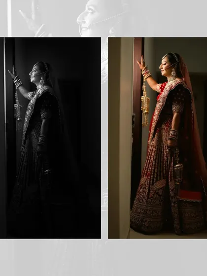 A creative before-and-after style portrait, showing the same pose in both black and white and color. This highlights the impact of different editing techniques.
