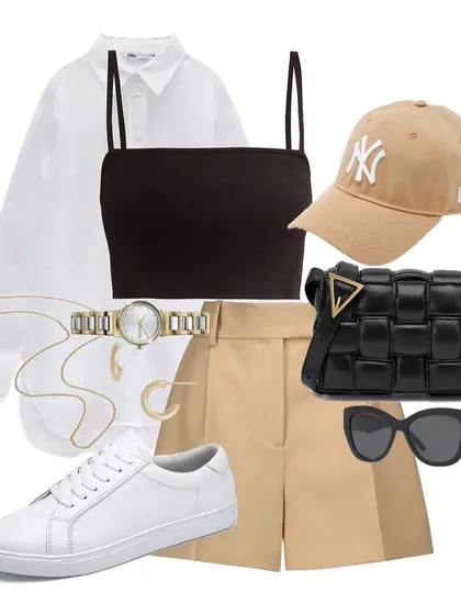 A neutral color palette is always a great choice for a sophisticated casual outfit. Here, I've combined a black camisole with beige shorts and a crisp white shirt, accessorized with white sneakers and a baseball cap for a relaxed vibe.