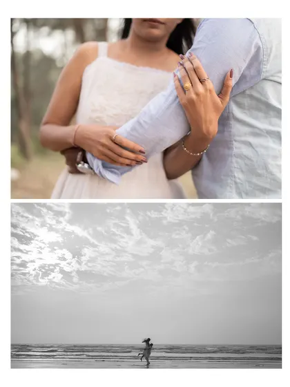 A contrasting pre-wedding collage, with a close-up of the couple's hands and a dramatic wide shot of them on the beach under a vast, cloudy sky.