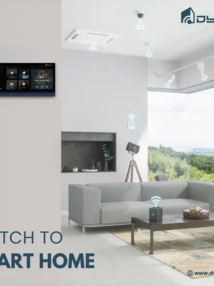 This graphic illustrates how the HomePad acts as a central hub, connecting to smart lights, speakers, and climate control systems throughout a modern, open-plan living room.