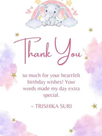 We also design matching thank you cards, like this one for Trishika's elephant-themed birthday party.