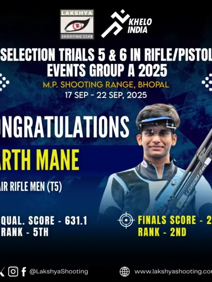 Parth Mane secured a strong 2nd position at the Selection Trials in Bhopal, showcasing his consistency in the 10m Rifle Men (T5) event.