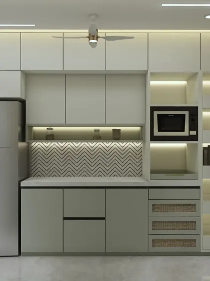 A kitchen with a beautiful chevron-patterned backsplash. The design includes a tall unit for appliances and open shelves for easy access to everyday items.