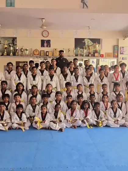 The entire team posing together. The different belt colors show the journey from beginner to advanced.