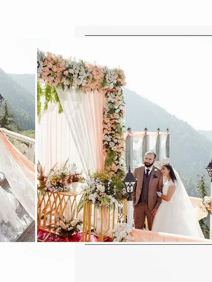 A collage showing the couple at their beautiful outdoor altar overlooking the mountains. This highlights the stunning setup of a destination Christian wedding.
