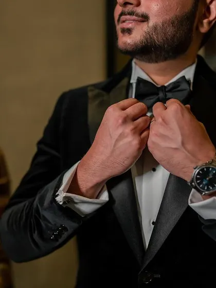 A stunning reception look at the Taj Westend. We use dramatic lighting and elegant backdrops to create sophisticated and timeless portraits for your evening events.