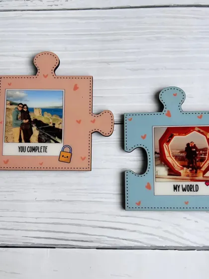 Another example of the couple puzzle magnets, showing how they fit together to symbolize a complete relationship. Each piece is 3x3 inches.
