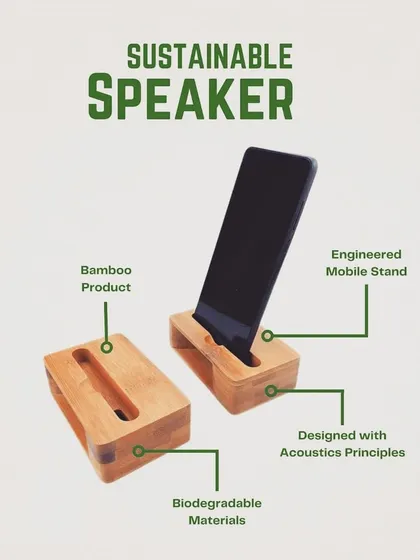 This graphic explains the features of our sustainable bamboo speaker: it's a biodegradable, engineered mobile stand designed with acoustic principles to naturally amplify sound. A perfect eco-tech gift.