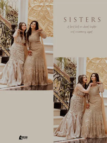 A collage celebrating the bond between sisters at a Roka ceremony, full of fun and playful poses.
