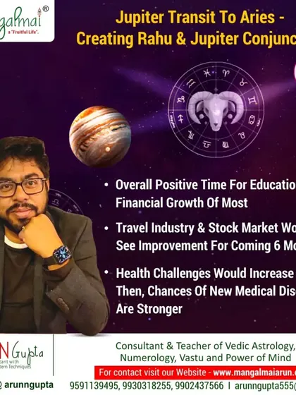 An overview of the Jupiter transit to Aries, creating a conjunction with Rahu. I explain the overall positive implications for education and finance, alongside potential health challenges.