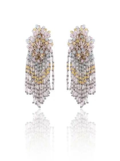 A new drop from our collection, these tassel earrings feature a beautiful gradient of yellow, grey, and pink.