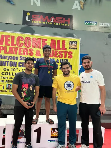 Shantvik Rao on the podium after winning a bronze medal in the U15 boys' singles at the Haryana state championship.