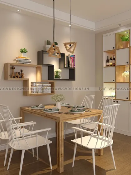 This dining hall combines Scandinavian simplicity with practical storage. The space features classic white chairs, a simple wooden table, and a full-wall crockery unit with integrated lighting to display treasured items.