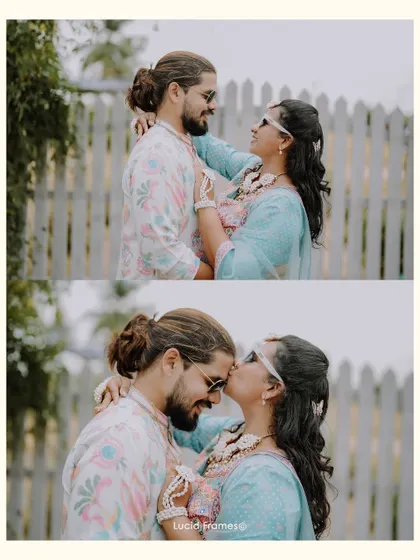 A diptych of the couple sharing a loving look and a forehead kiss.