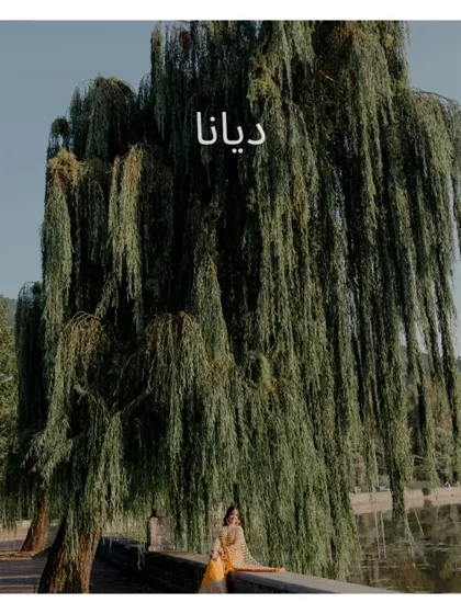 An artistic portrait of the bride under a weeping willow, with her name in Urdu script, adding a personal and cultural touch.