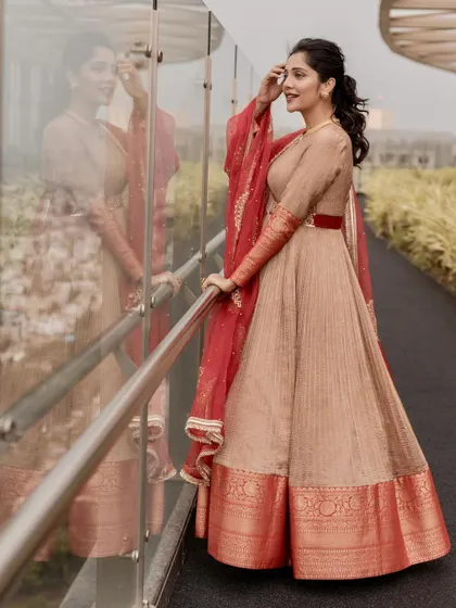 Milana Nagaraj reflects on her style in our elegant beige Anarkali, a perfect blend of subtlety and grace.